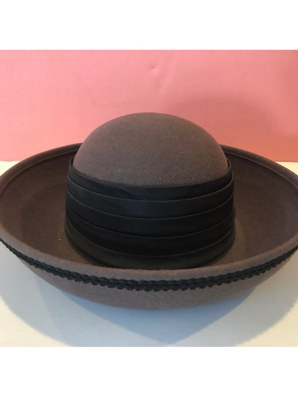 Womens Felt Wide Brim Hat with Ribbon Band - Taupe